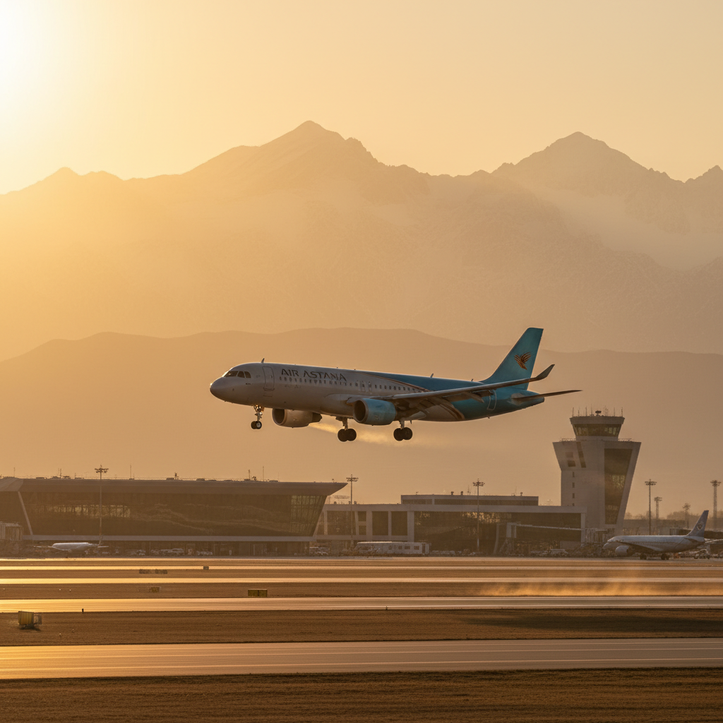 A modern passenger airplane landing at Almaty International Airport in Kazakhstan with snow capped mountains in the background, golden hour lighting, cinematic atmosphere, 1:1