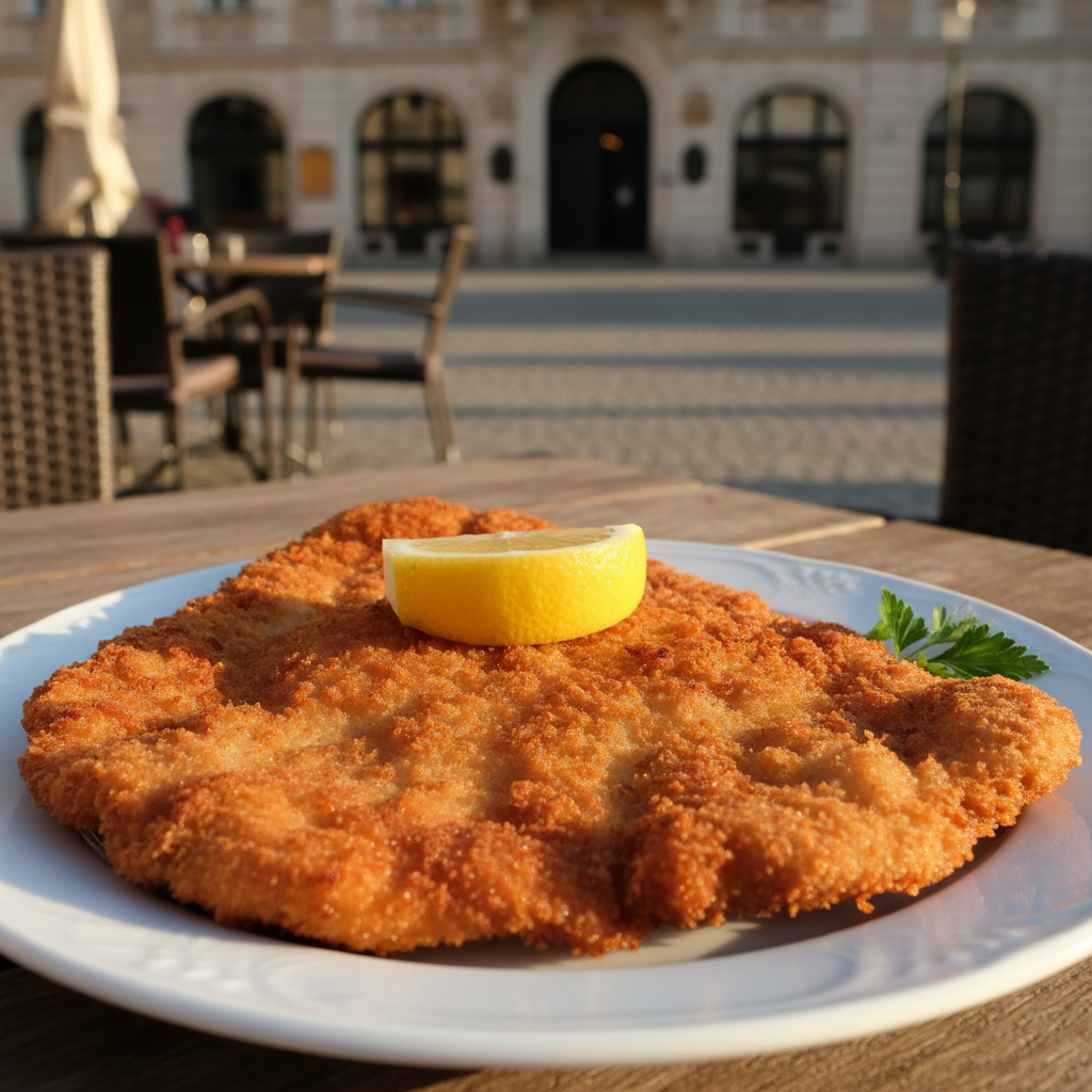 A golden brown crispy Austrian Schnitzel served on a white plate on a wooden table in an outdoor cafe in Vienna, a slice of lemon on top, warm sunlight, realistic lifestyle photography, 4:3