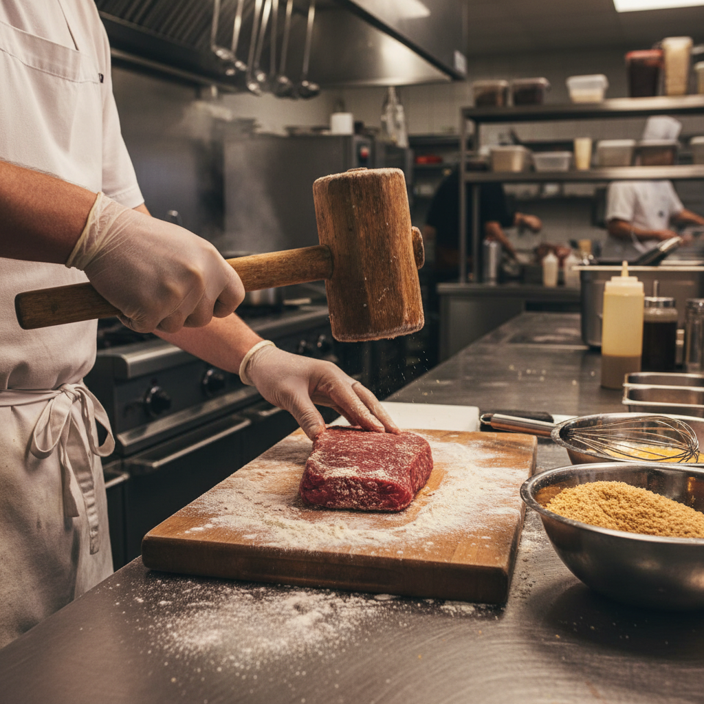 A chef hands flattening a piece of meat with a mallet in a professional kitchen, flour and breadcrumbs on the counter, cinematic lighting, 4:3