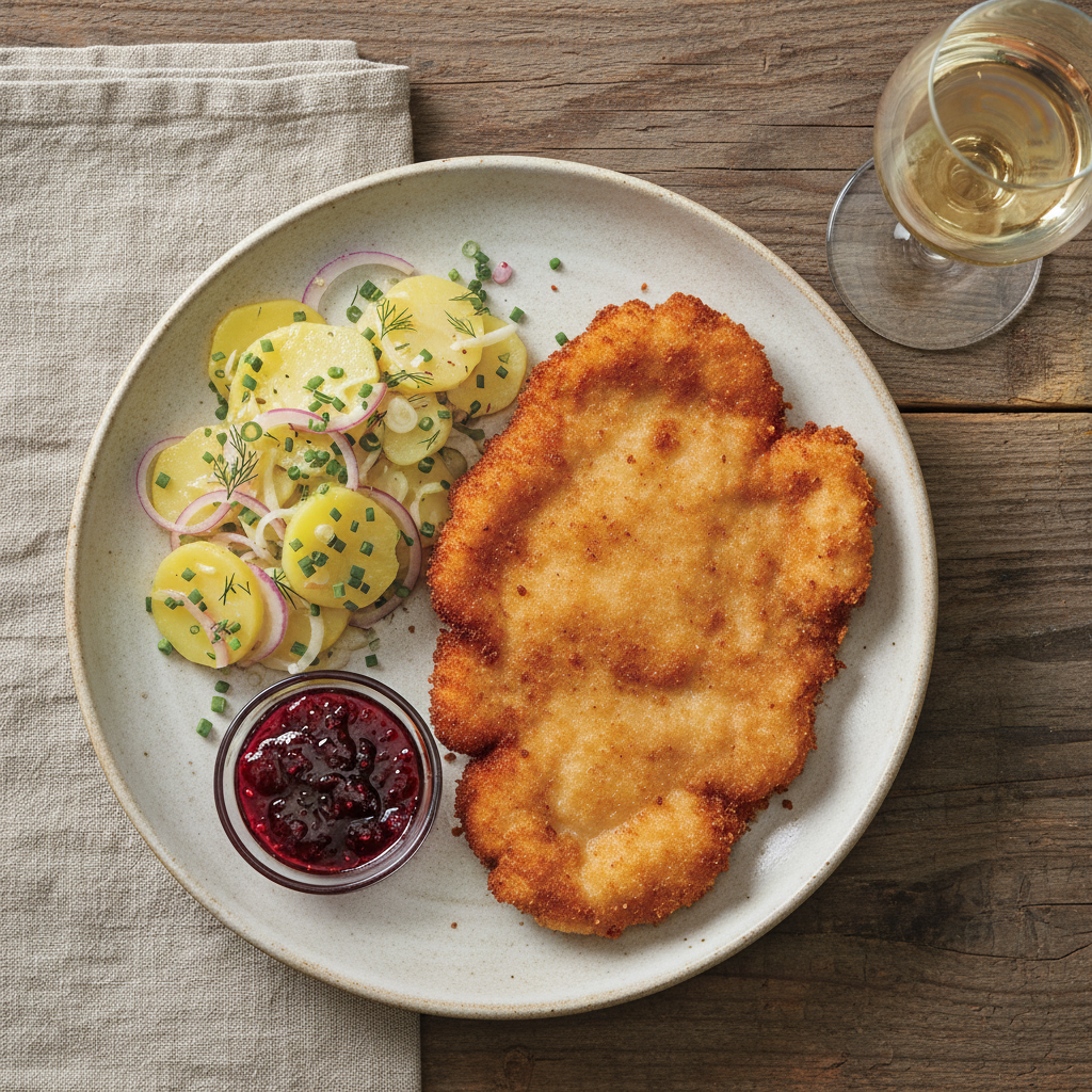 A plate of schnitzel with a side of Austrian potato salad and a small bowl of raspberry jam, a glass of white wine nearby, overhead shot, textured background, 4:3