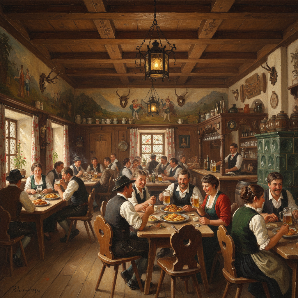 Interior of a lively traditional Austrian tavern with wooden furniture, people eating and talking, warm atmosphere, artistic rendering, 4:3
