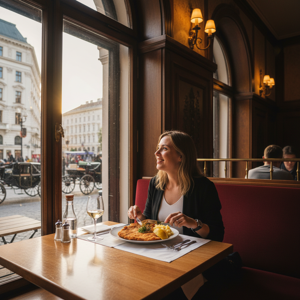 A person sitting by a window in a classic Vienna restaurant enjoying a schnitzel meal, natural light, joyful expression, lifestyle photography, 4:3