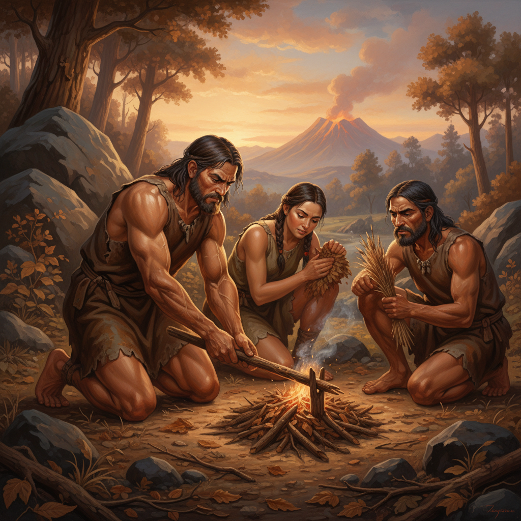 A realistic illustration of ancient people trying to make fire using friction with wooden sticks and dry leaves in a prehistoric setting with warm lighting 1:1