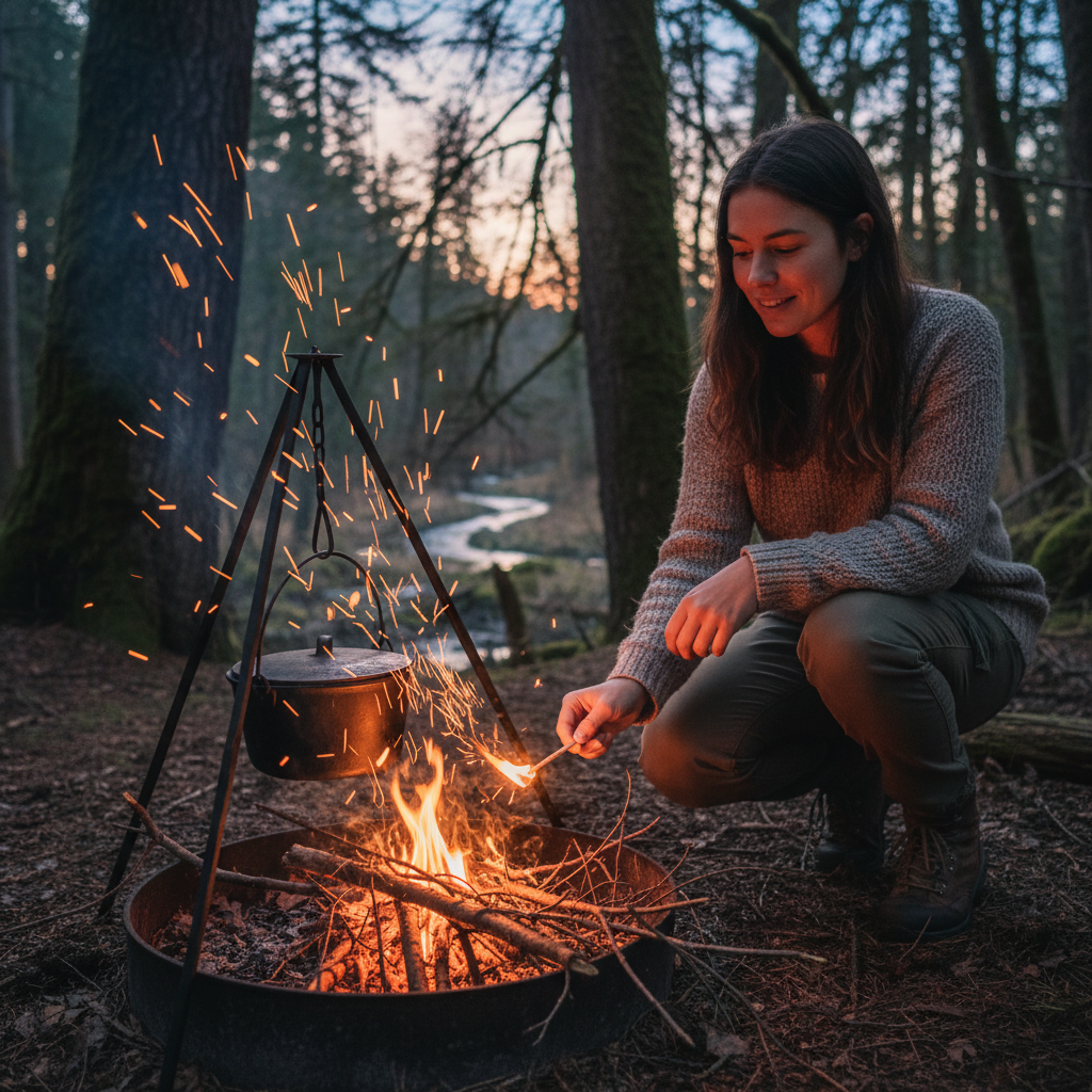 A lifestyle photograph of a person lighting a campfire with a match in a beautiful forest setting during twilight with glowing amber sparks 4:3