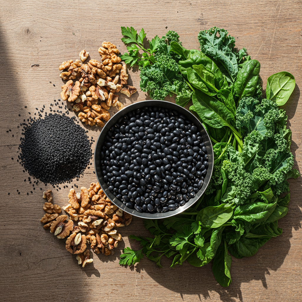 A top-down view of a wooden table with healthy foods for hair health, black beans, black sesame seeds, walnuts, and green leafy vegetables, bright and natural lighting, 4:3