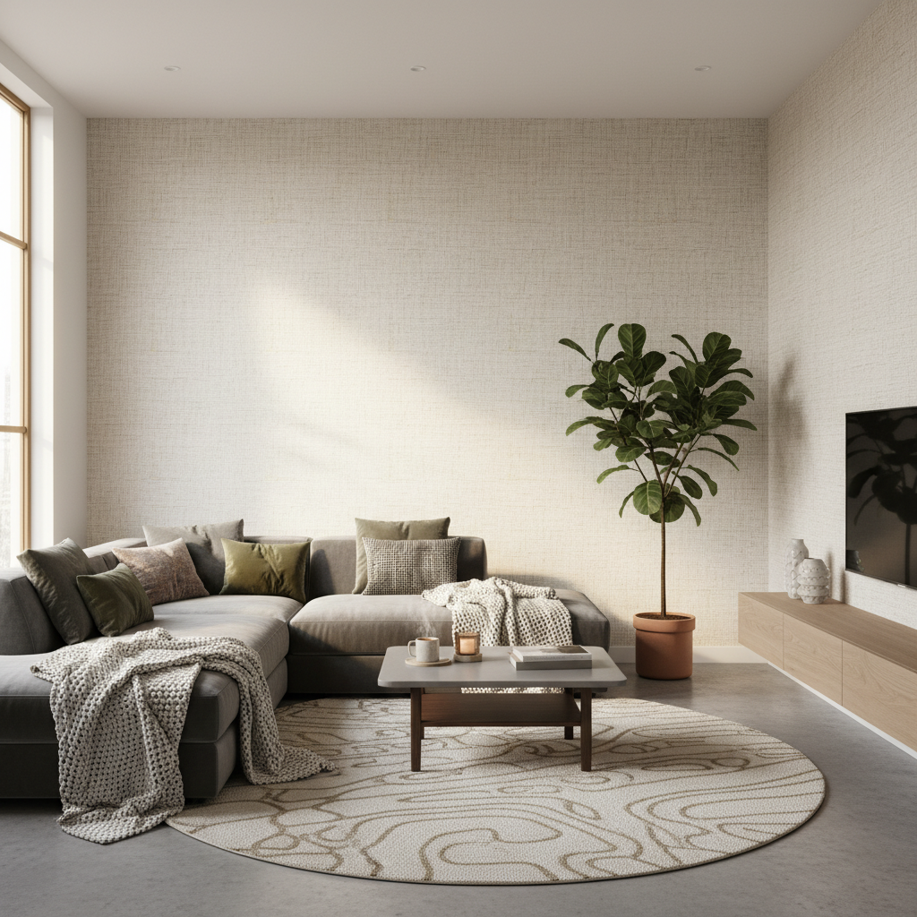 A luxurious and cozy modern living room interior featuring textured fabric wallpaper on the walls. The lighting is warm and natural, highlighting the soft weave and texture of the textile material. Minimalist furniture and a few indoor plants are placed naturally. High-quality lifestyle photography style. 4:3