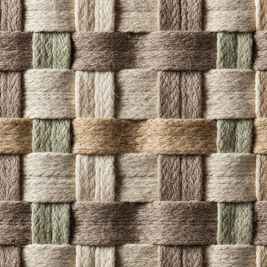 Close-up macro shot of a high-quality textile wallpaper showing the intricate weave of linen and cotton fibers. The texture is soft and detailed with natural earthy tones. Soft side lighting to emphasize the 3D structure of the fabric. High contrast and clean composition. 1:1