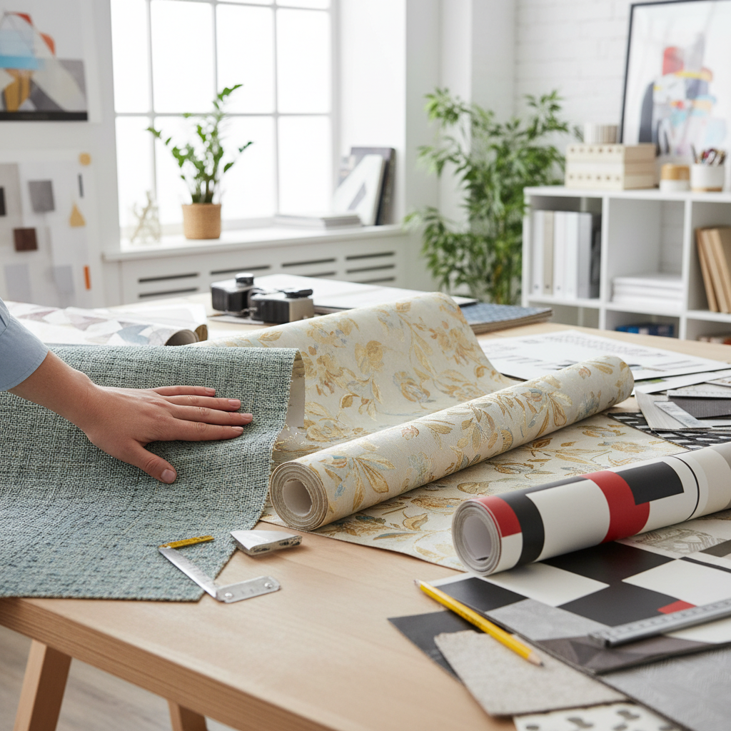 Various wallpaper samples including textile, silk, and laminated paper types arranged on a designer table. A person hands is touching the fabric texture of a textile wallpaper. Bright and clean interior design studio mood. 4:3