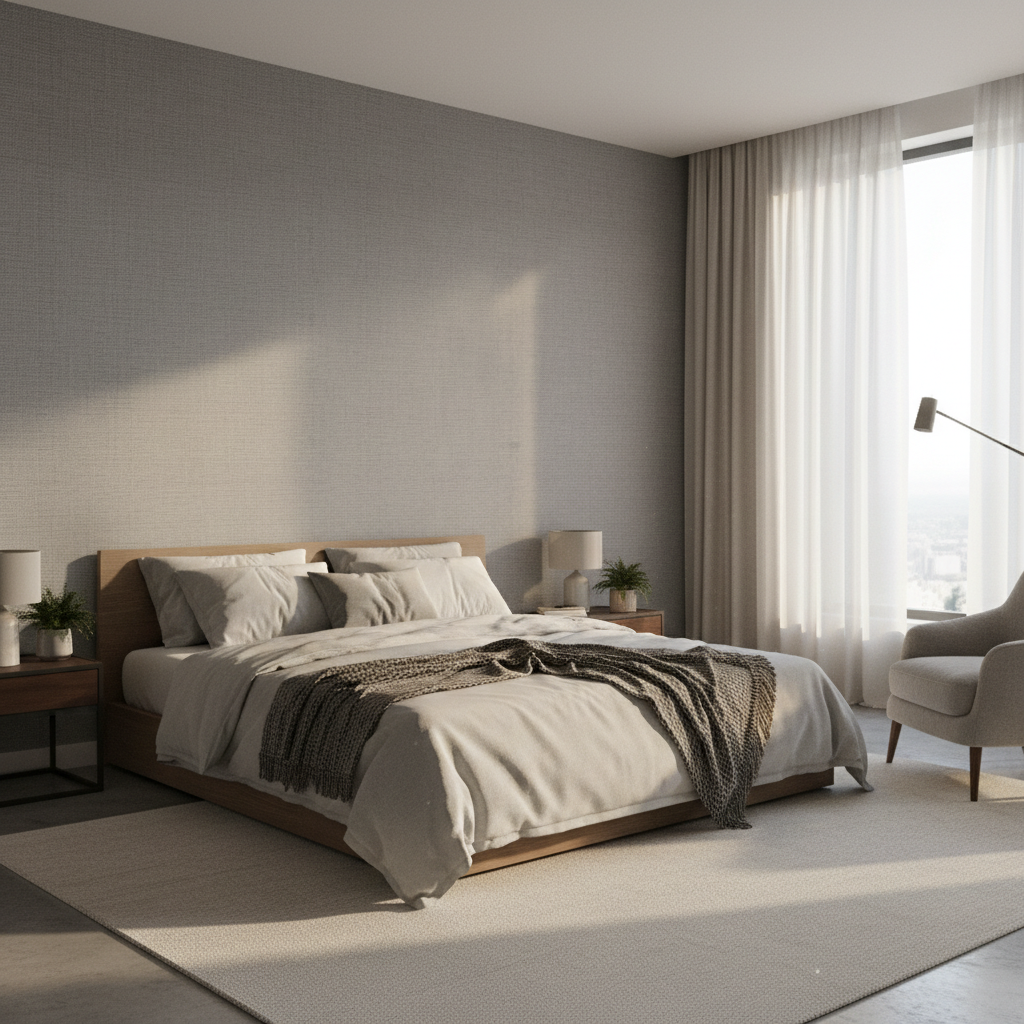 A peaceful bedroom with a feature wall covered in elegant grey textile wallpaper. The bed has soft linen bedding and the overall atmosphere is serene and sophisticated. Afternoon sunlight streams through a window. 4:3