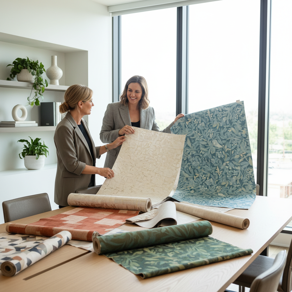 An interior designer and a client discussing wallpaper choices in a bright modern office. They are looking at large swatches of textile wallpaper. Professional and friendly atmosphere with natural light. 1:1