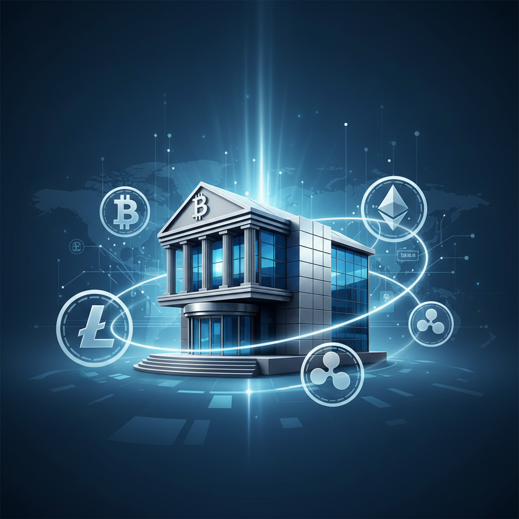 A clean infographic style image showing a large modern bank building with digital currency icons like Bitcoin floating around it. Blue and silver color palette, high contrast, professional financial concept. 4:3. No text. Main Keyword Bitcoin Forecast.