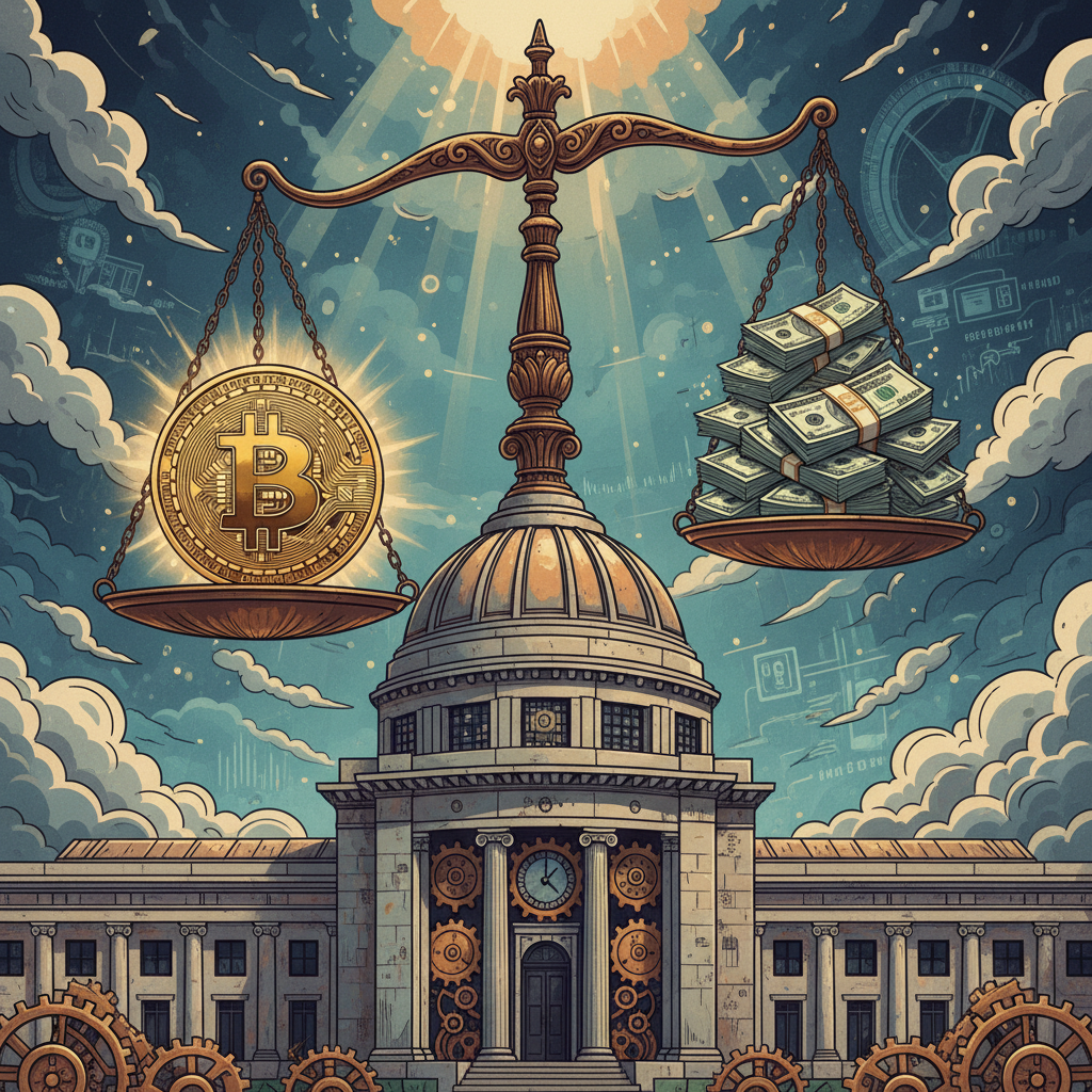 A creative illustration of the Federal Reserve building with a large balance scale on top, weighing a gold Bitcoin coin against a stack of dollar bills. Dramatic lighting, textured background. 4:3. No text. Main Keyword Bitcoin.