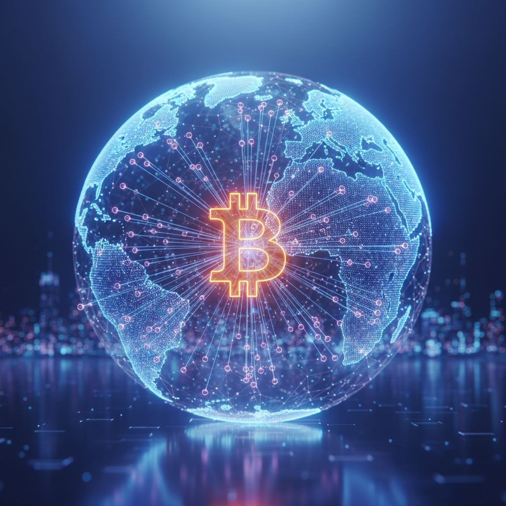 A futuristic digital landscape showing a glowing network of nodes connecting across a globe with a prominent Bitcoin symbol in the center. Bright, balanced lighting, blue and violet tones. 4:3. No text. Main Keyword Bitcoin Forecast.