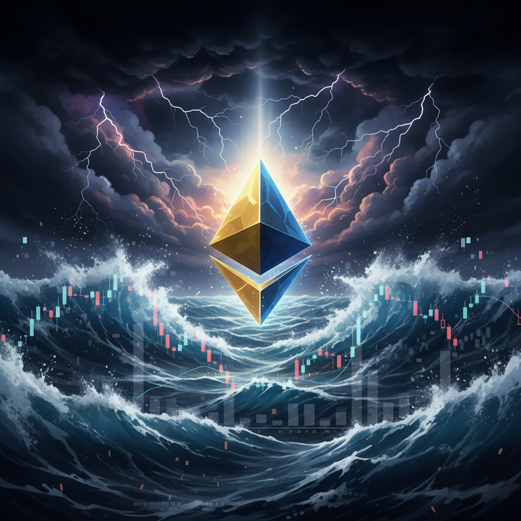 A professional digital artwork showing a stylized Ethereum logo amidst a turbulent ocean with dark clouds and lightning, representing market uncertainty and price volatility, cinematic lighting, high contrast, 4:3
