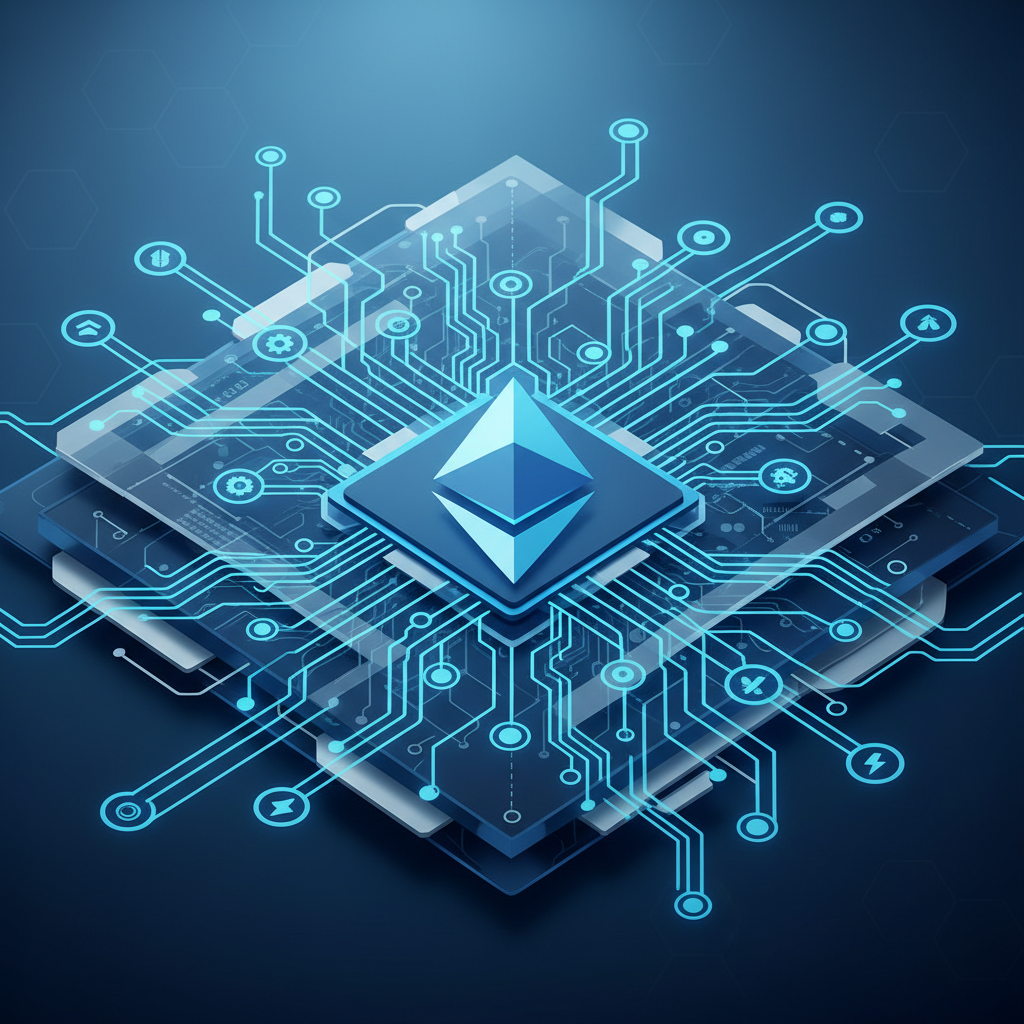 A clean and modern infographic style illustration showing a futuristic circuit board with Ethereum logo at the center, glowing blue lines connecting nodes, representing technical progress and scalability, 1:1