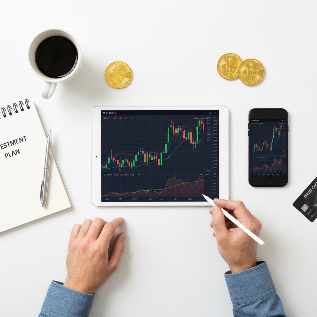 A flat lay photography of a person planning investment on a tablet and a smartphone with crypto charts, a cup of coffee and a notebook on a clean white desk, 1:1