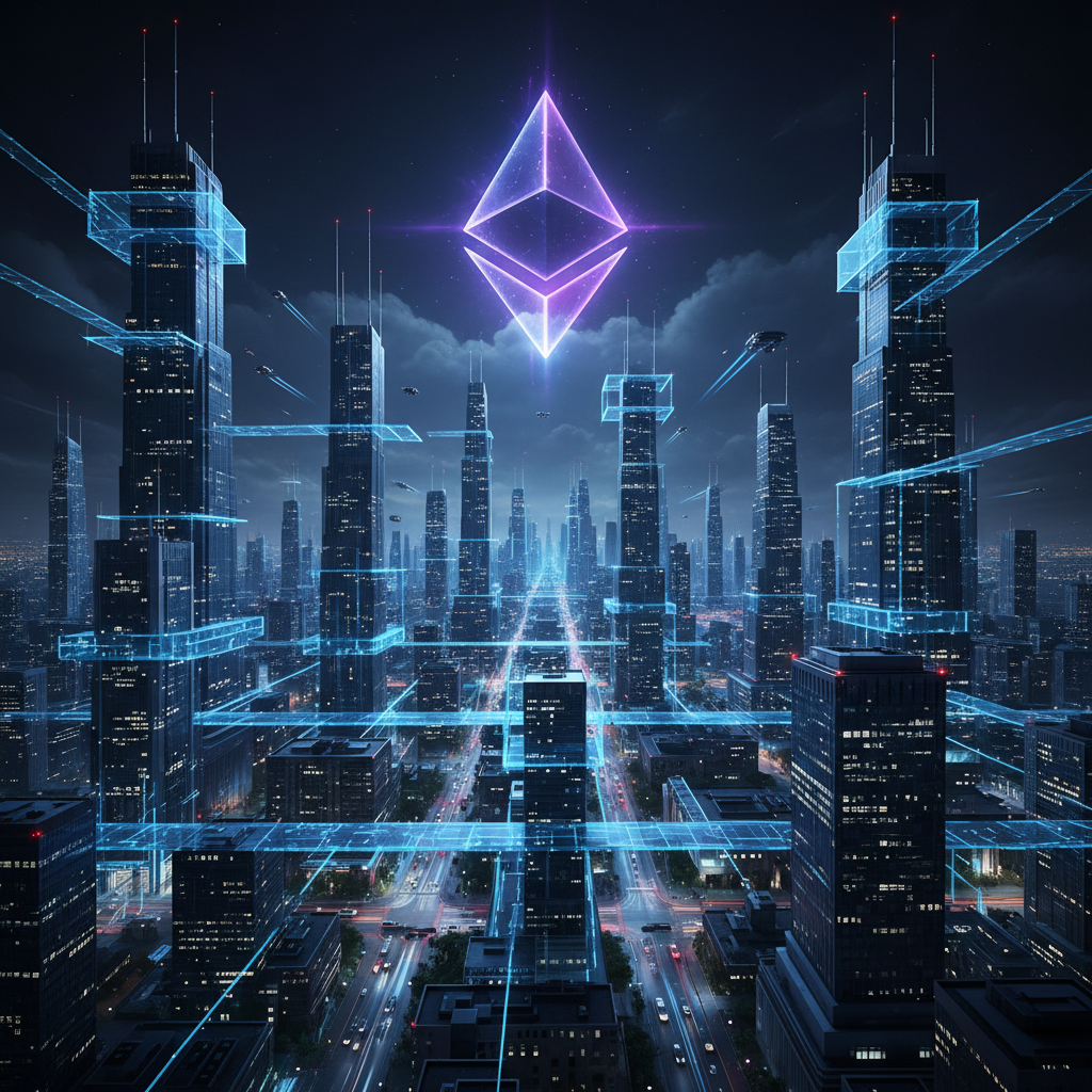A futuristic cityscape at night with glowing blue holographic structures representing a decentralized network, Ethereum symbol shining in the sky, cinematic wide shot, 4:3