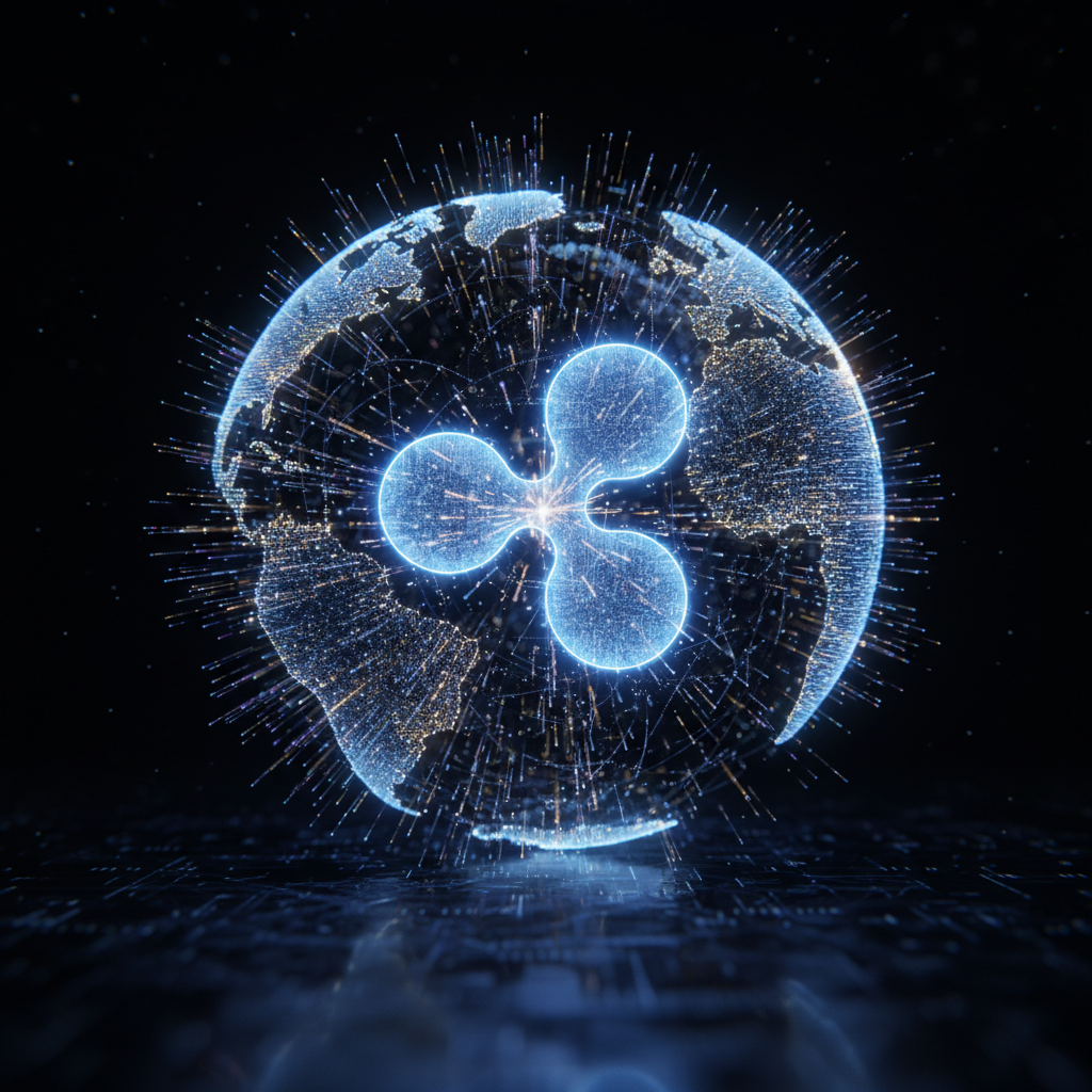 A sleek and modern digital finance concept showing the Ripple XRP logo integrated into a glowing global network of fiber optic lines and data streams. High contrast, cinematic lighting, 4:3