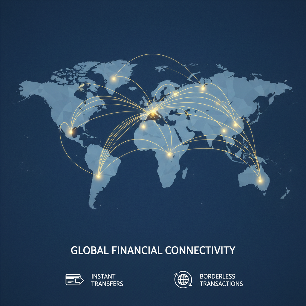 A professional illustration of a world map with glowing golden light paths connecting major financial hubs, symbolizing fast cross-border payments. Modern infographic style, 1:1