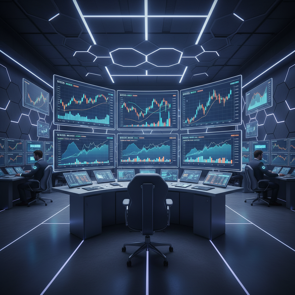 A high-tech trading room setup with multiple screens displaying clean cryptocurrency price charts and trading volumes. Professional and futuristic atmosphere, 4:3