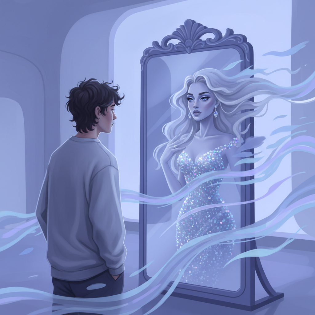 A surreal digital illustration showing a person looking into a mirror and seeing a completely different, glamorous version of themselves, with a blurred boundary between the reflection and reality, soft blue and purple lighting, modern artistic style, 1:1