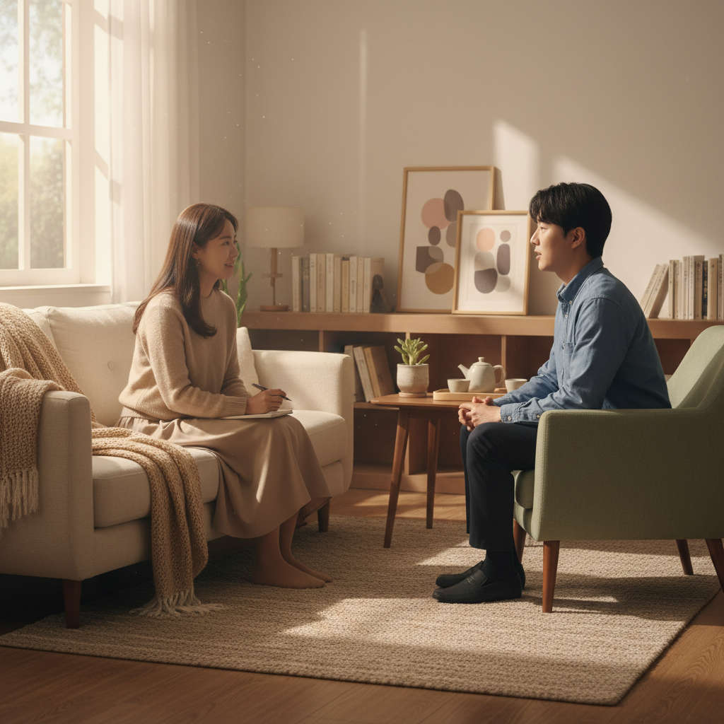 Realistic lifestyle photography of a professional psychological counseling session, warm sunlight coming through a window, comfortable sofa, peaceful atmosphere, Korean therapist and patient, 4:3
