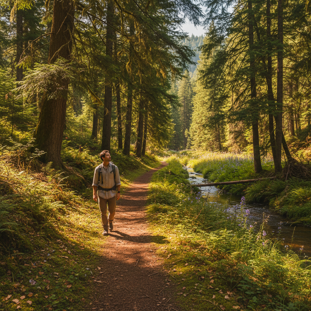 A peaceful outdoor scene of a person walking alone on a sunlit forest trail, symbolizing self-discovery and inner peace, bright and natural colors, high quality photography, 4:3