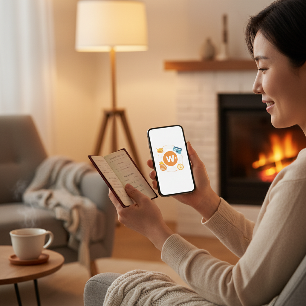 A warm and reassuring scene of a person holding a bank book and a smartphone with a digital wallet icon. The background shows a cozy home interior with soft lighting. No text, high quality photography style, natural Korean person, 4:3 aspect ratio.