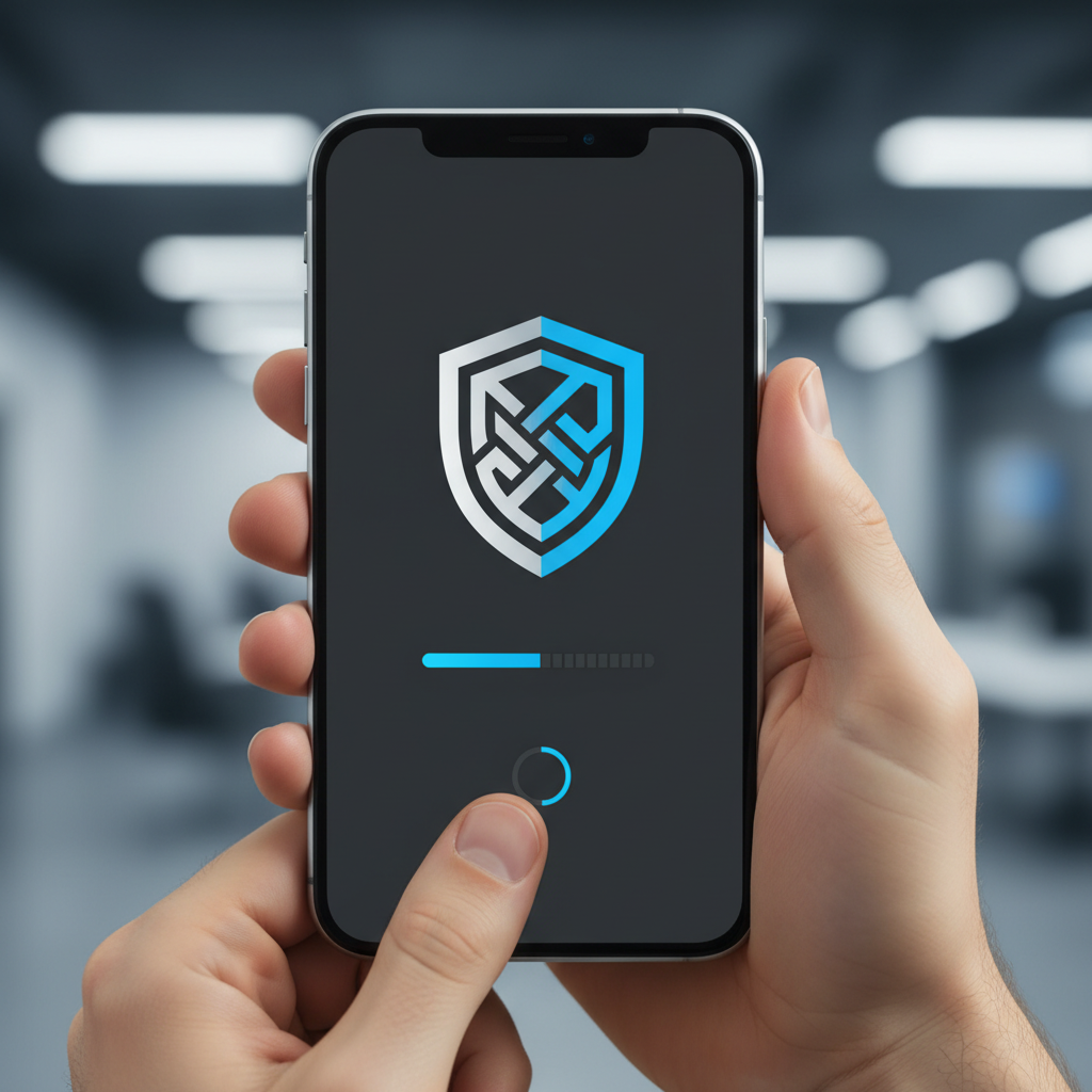 A close-up shot of hands using a sleek banking app on a smartphone screen. The app interface shows a shield icon and "Safe Account" concept without visible text. Modern and clean aesthetic, high contrast, 1:1 aspect ratio.