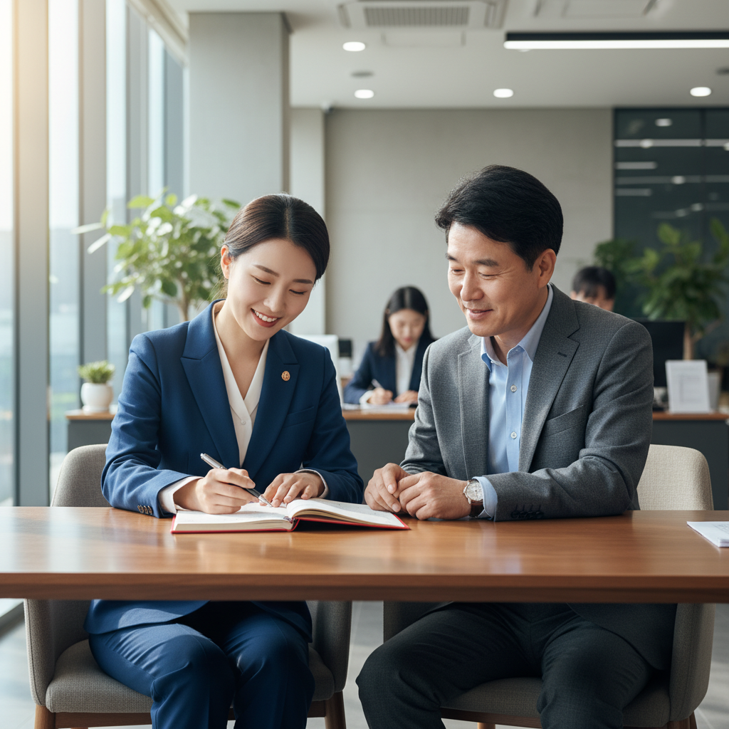A professional bank teller consulting with a Korean middle-aged customer in a modern bank office. They are looking at a bank book together with a friendly atmosphere. Natural lighting, high resolution, 4:3 aspect ratio.