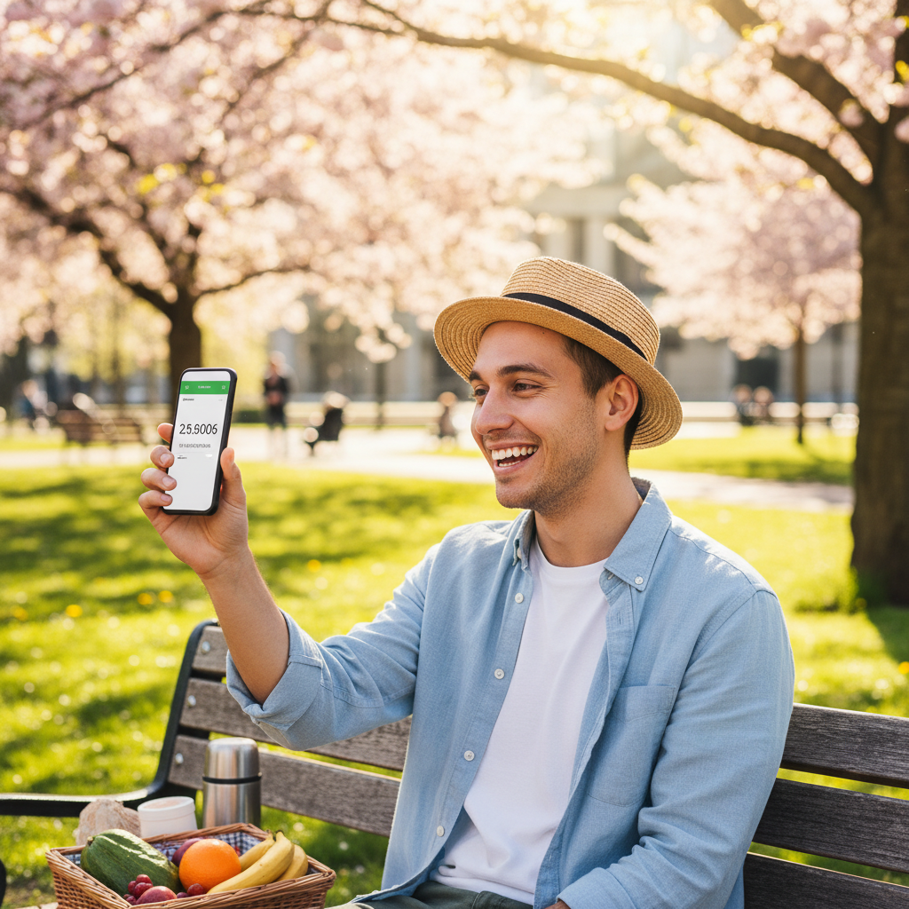 A person looking relieved and smiling while checking their bank balance on a phone in a sunny park setting. Lifestyle photography, vibrant colors, warm atmosphere, 1:1 aspect ratio.