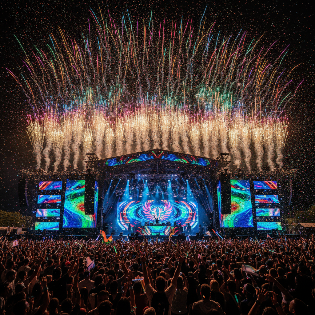 화려한 불꽃과 함께 마무리되는 음악 축제 무대