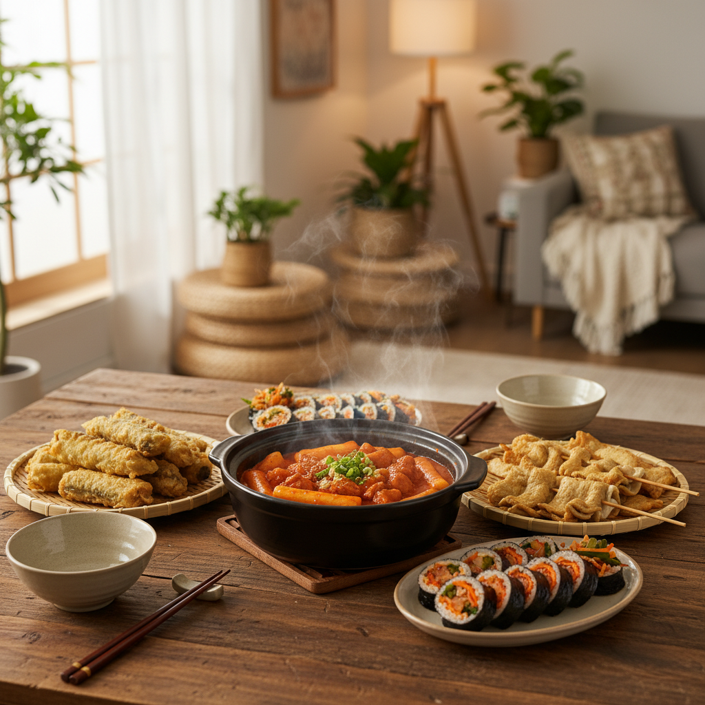 튀김과 김밥이 곁들여진 풍성한 신전 분식 한 상