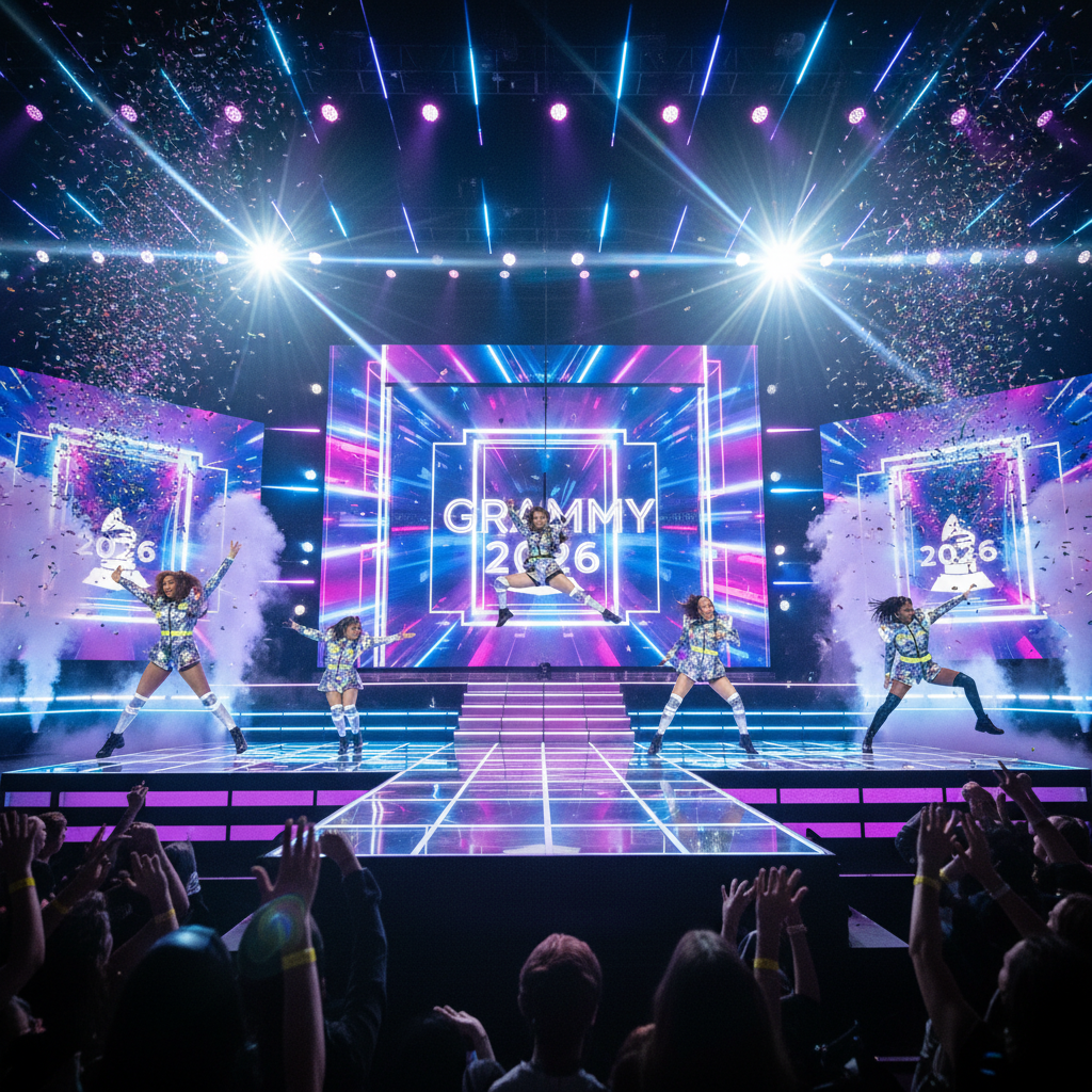 무대 위에서 화려한 춤을 추는 팝 아티스트