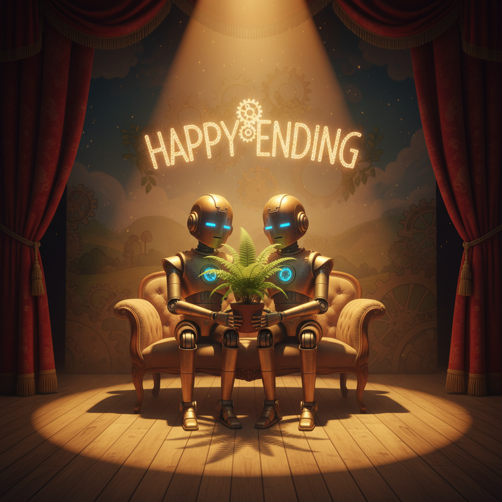 따뜻한 조명 아래 감성적인 로봇들의 무대