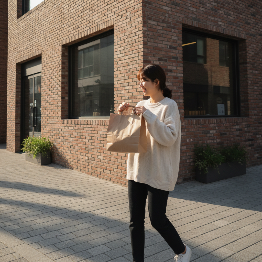 종이 봉투에 담긴 베이커리와 카페 건물 외관