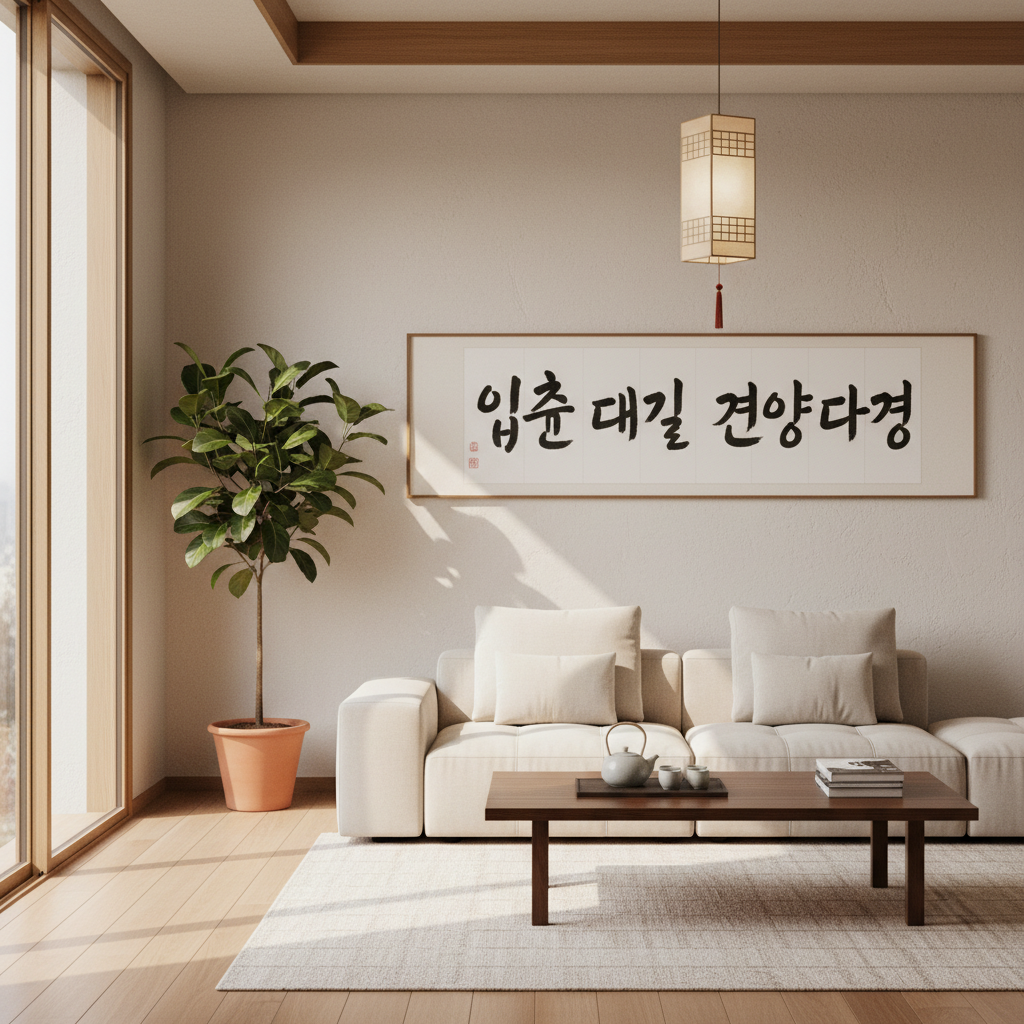 햇살이 비치는 거실 벽면에 붙은 서예 문구
