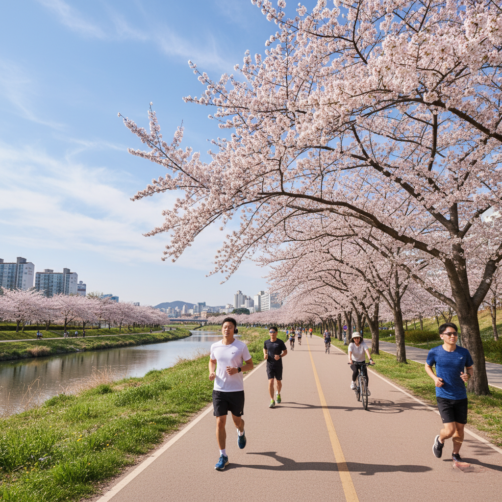 성남 탄천변을 따라 달리는 마라톤 코스의 아름다운 풍경
