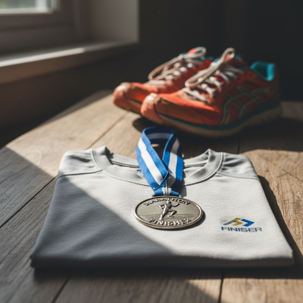 마라톤 완주 메달과 기념 티셔츠가 놓인 정물