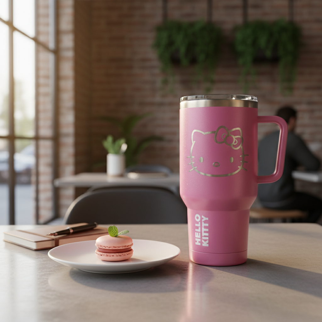 세븐일레븐 매장에 진열된 핫핑크 헬로키티 텀블러