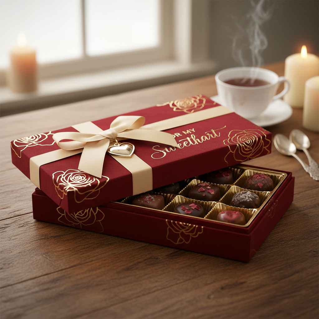 발렌타인데이 분위기의 세련된 초콜릿 선물 상자