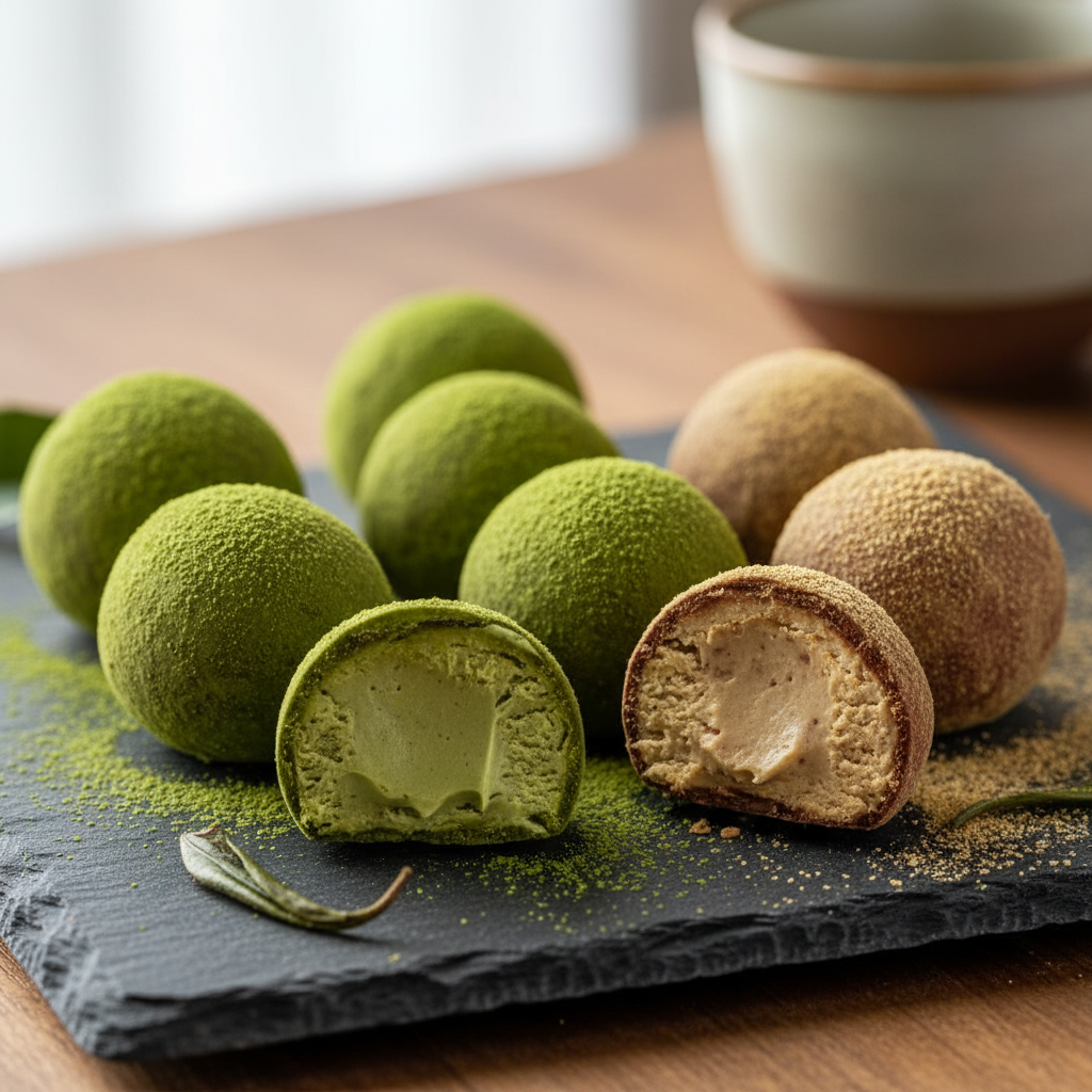 초콜릿 단면과 말차 가루가 강조된 클로즈업