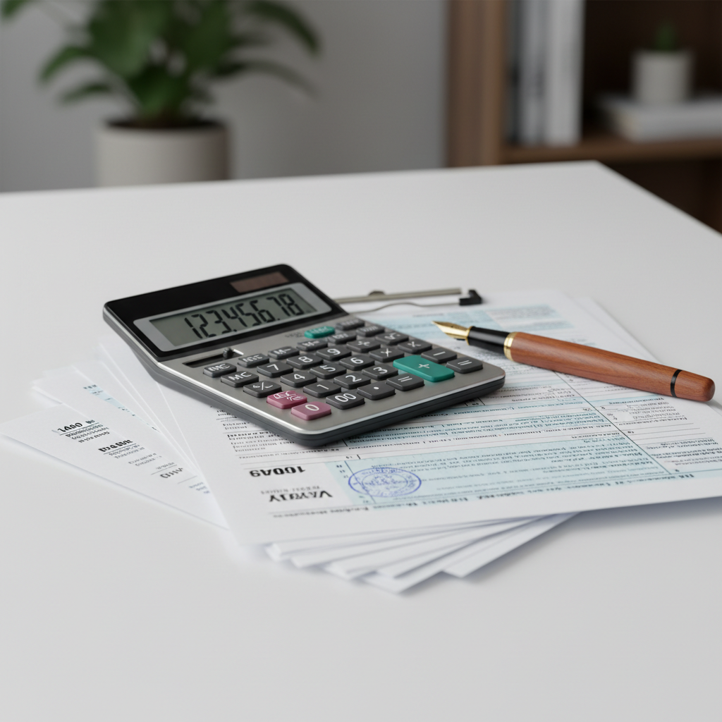 책상 위에 놓인 계산기와 세금 관련 서류들