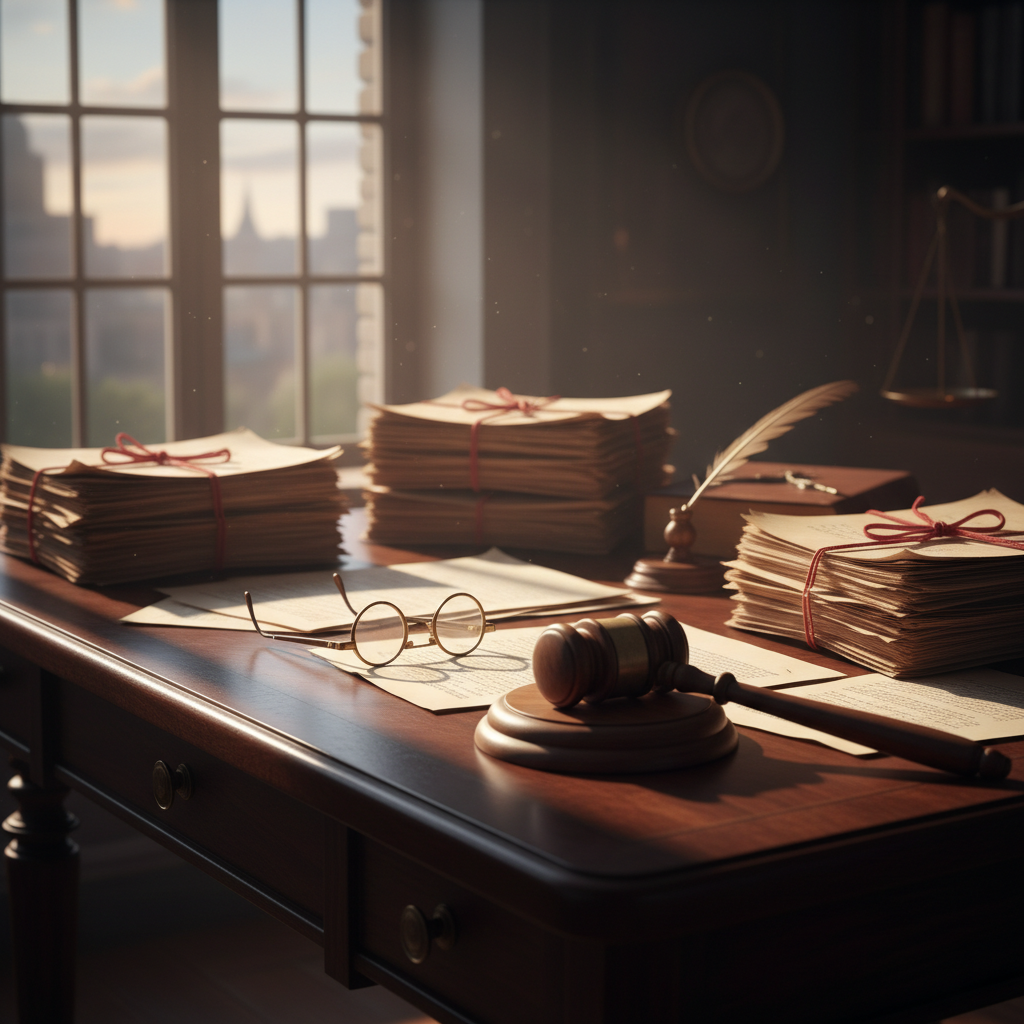 법적 서류와 의사봉이 놓인 책상