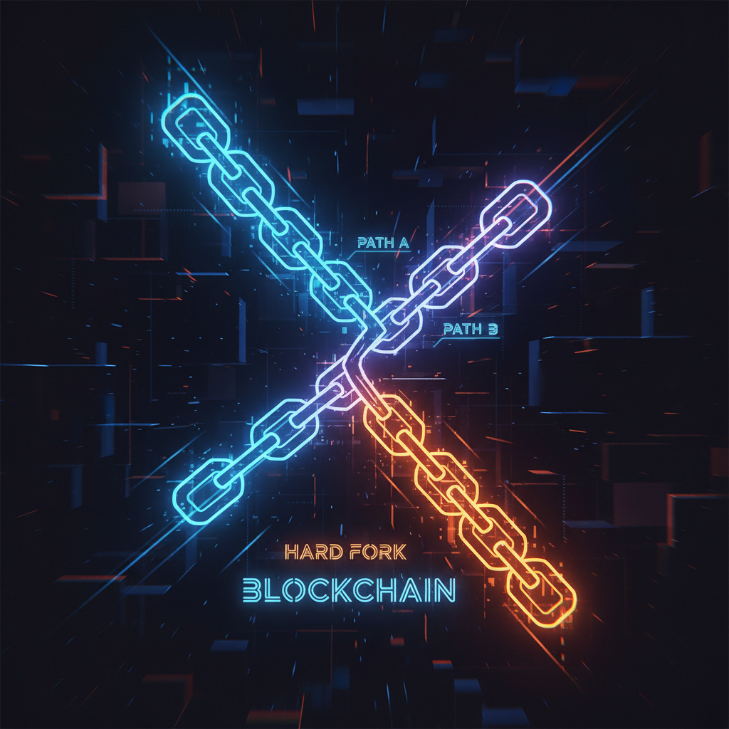 블록체인이 두 갈래로 나뉘는 하드포크 형상화