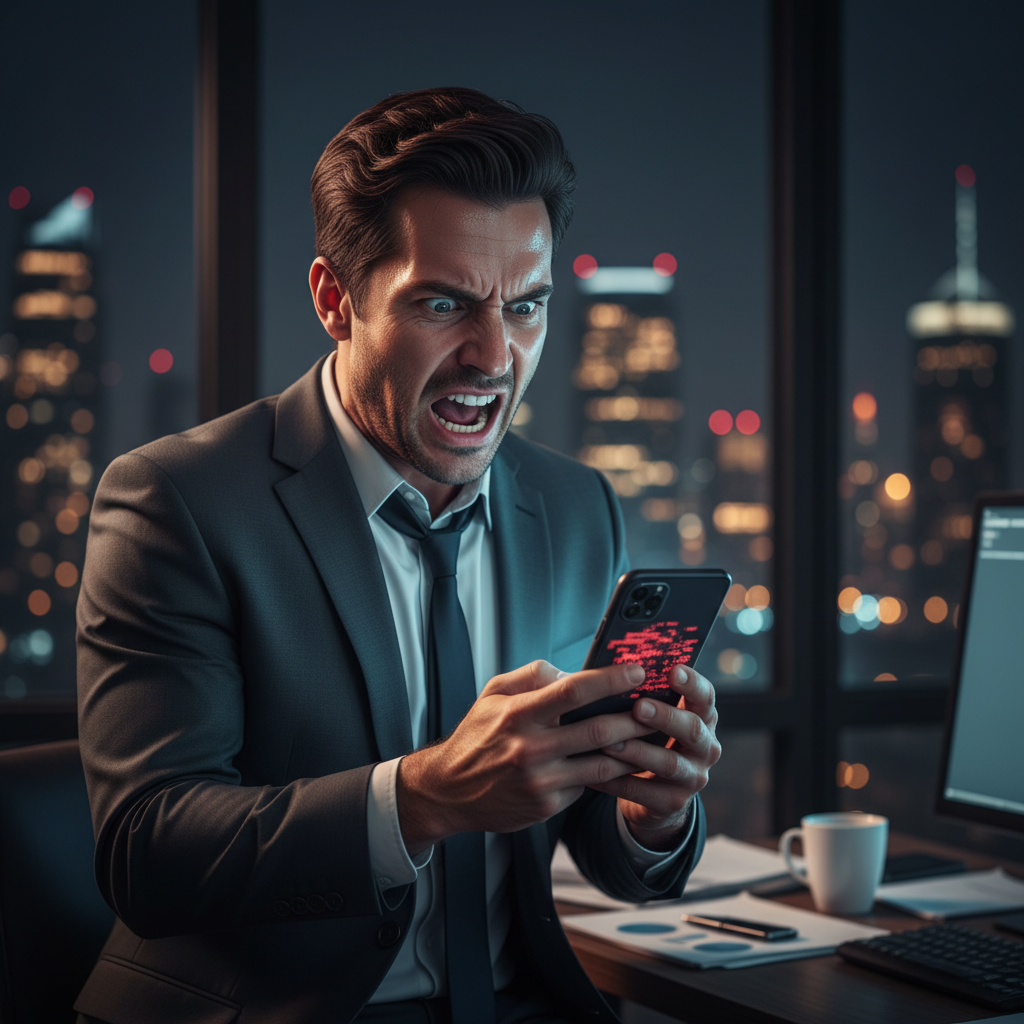 스마트폰 화면을 보고 경악하는 남자의 표정