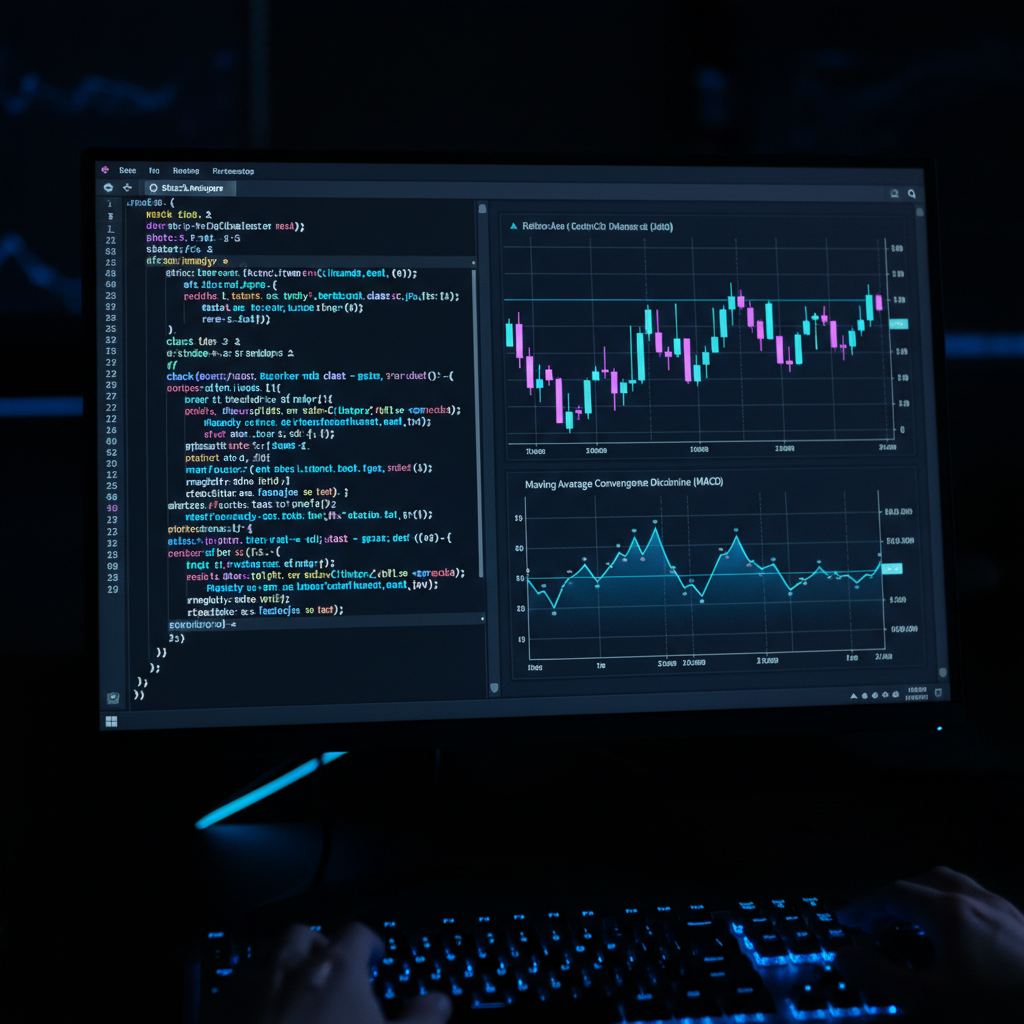 컴퓨터 화면에 띄워진 파이썬 코딩과 금융 데이터 그래프