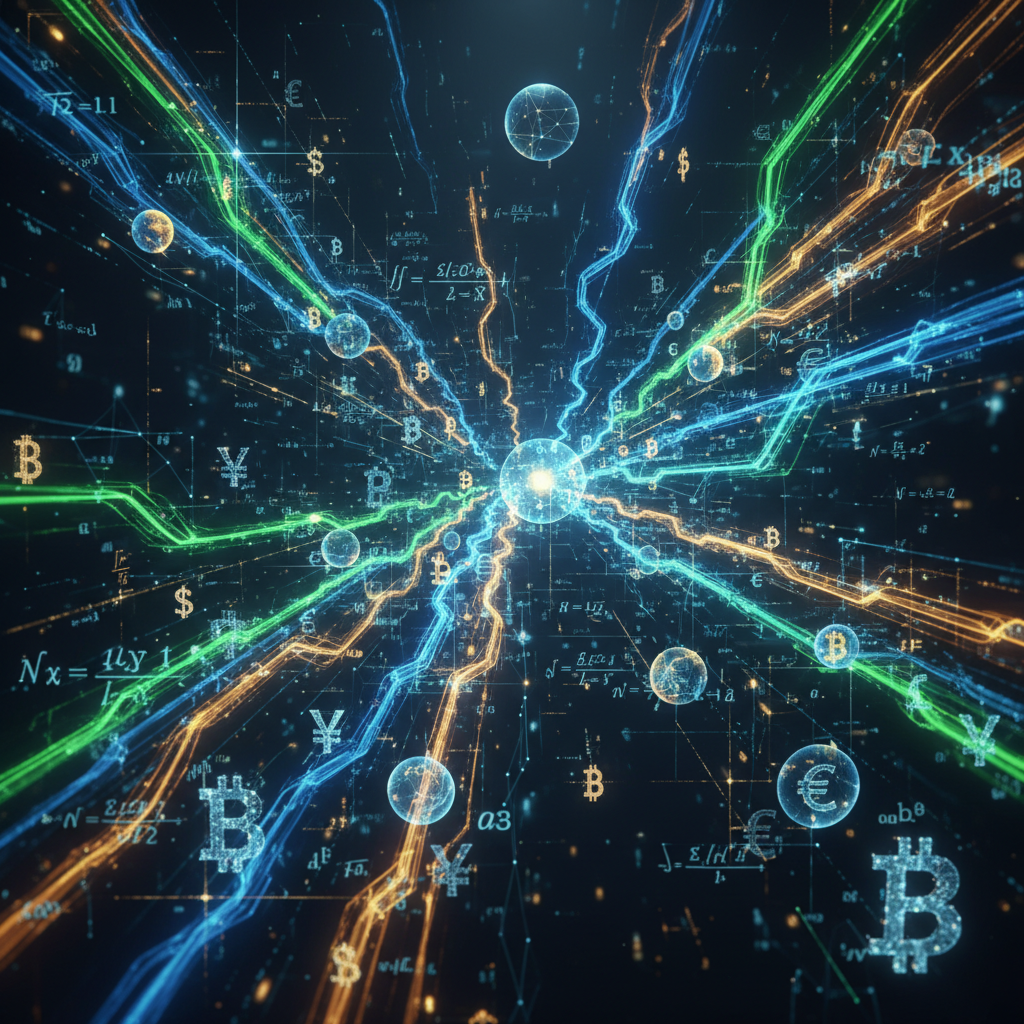 금융 시장의 흐름과 수학적 기호가 어우러진 추상적 이미지