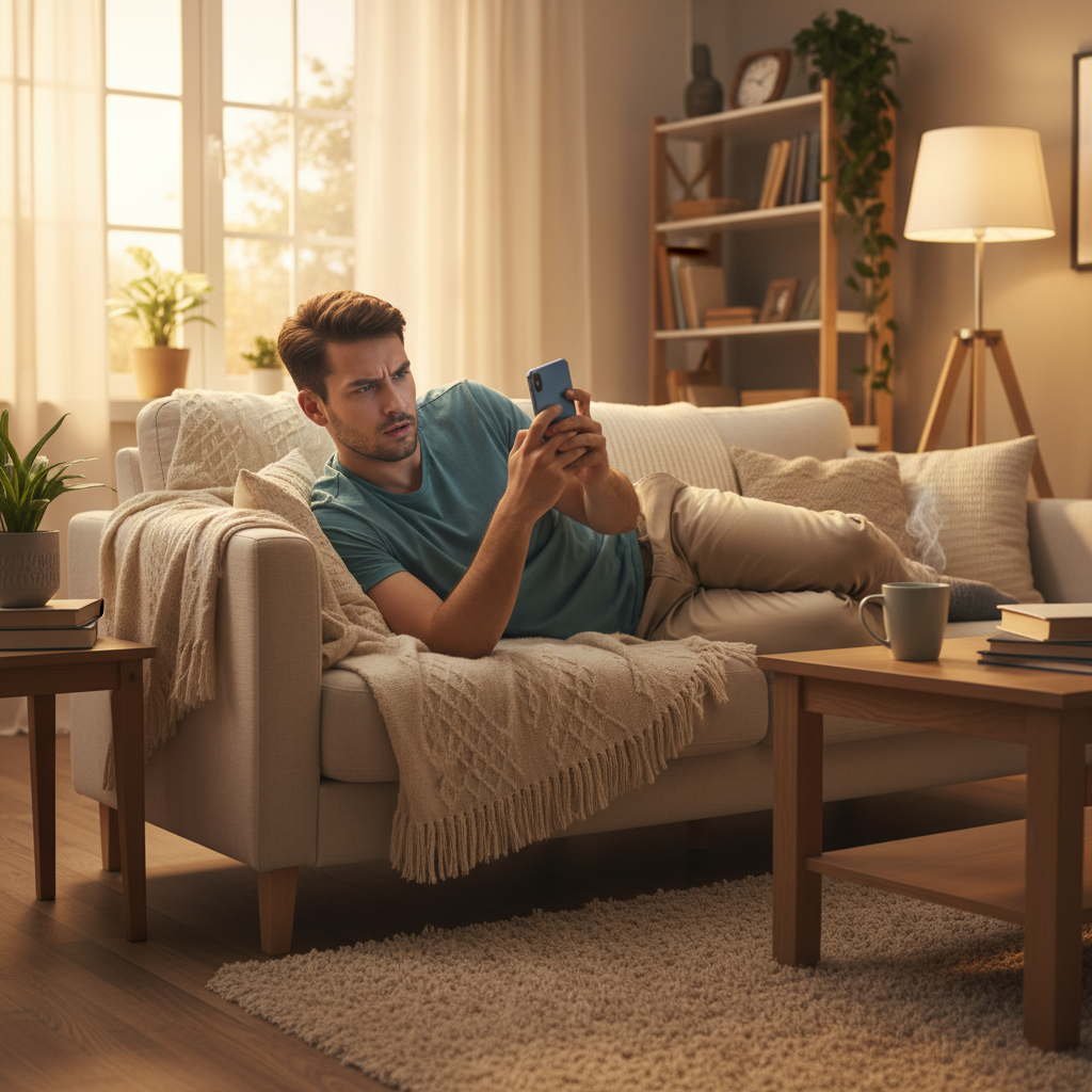 스마트폰을 보며 피로감을 느끼는 현대인의 모습