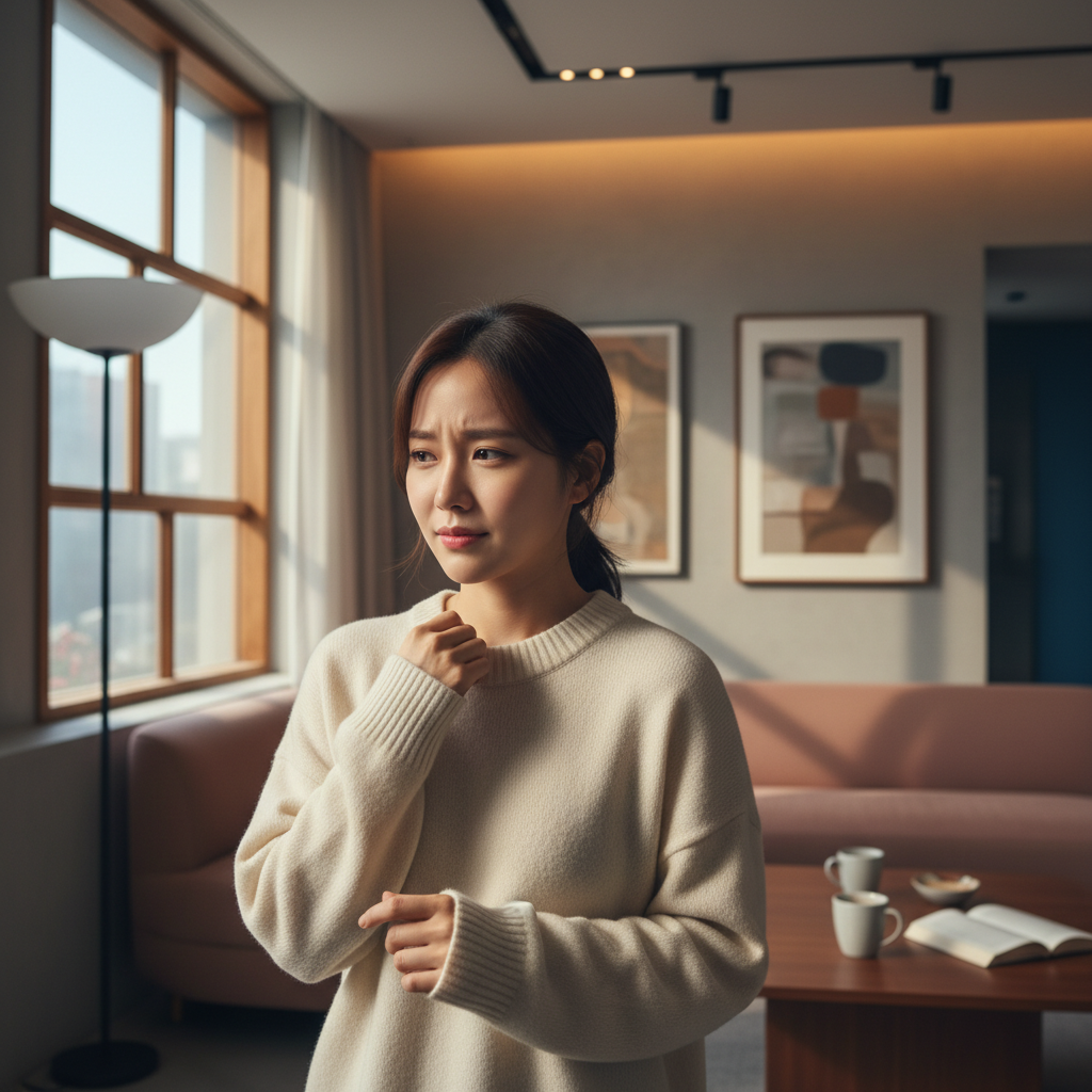 질투와 복잡한 감정이 섞인 여성의 표정